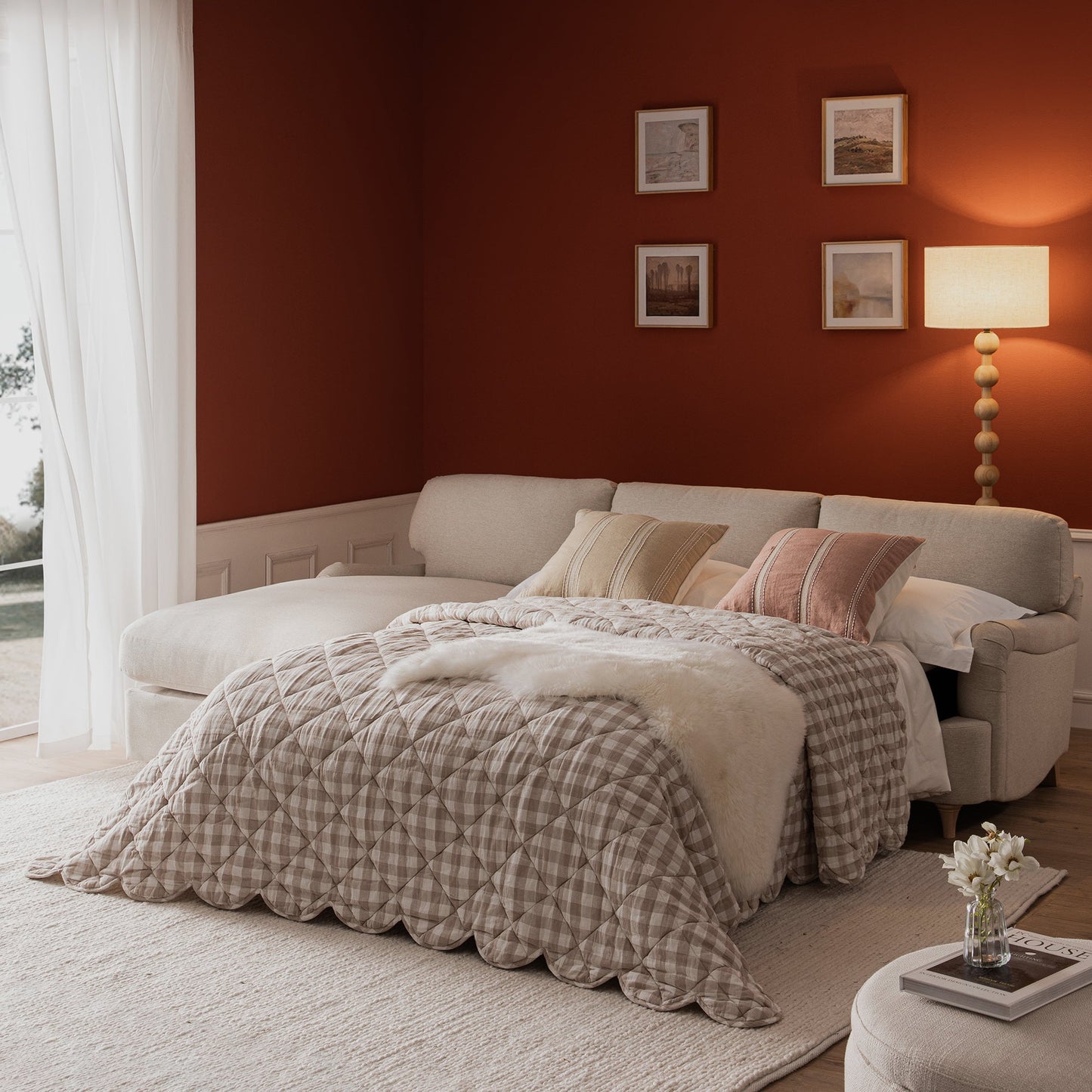 Daphnis Oatmeal Fabric Sofa Bed, Grande Chaise Left Hand Facing