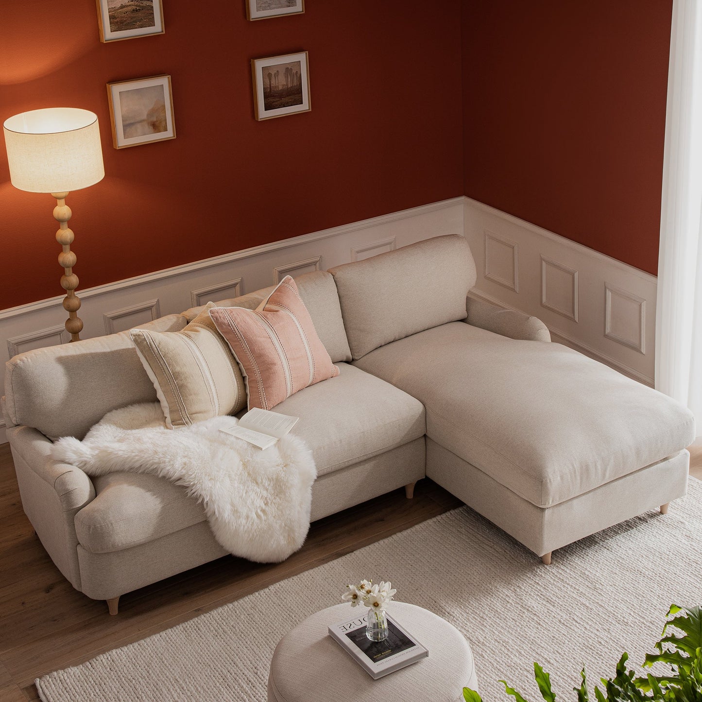 Daphnis Oatmeal Fabric Sofa Bed, Grande Chaise Right Hand Facing