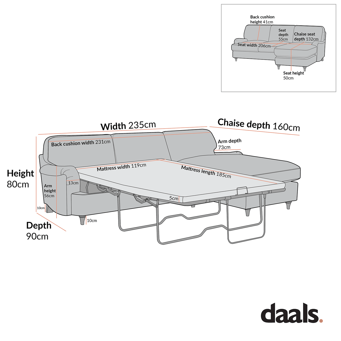 Daphnis Blue Striped Linen Blend Sofa Bed, Grande Chaise Right Hand Facing