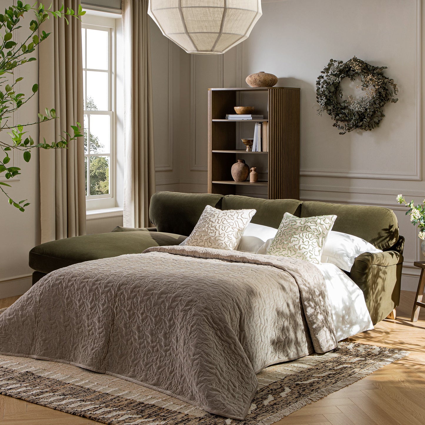 Daphnis Seaweed Velvet Sofa Bed, Grande Chaise Left Hand Facing