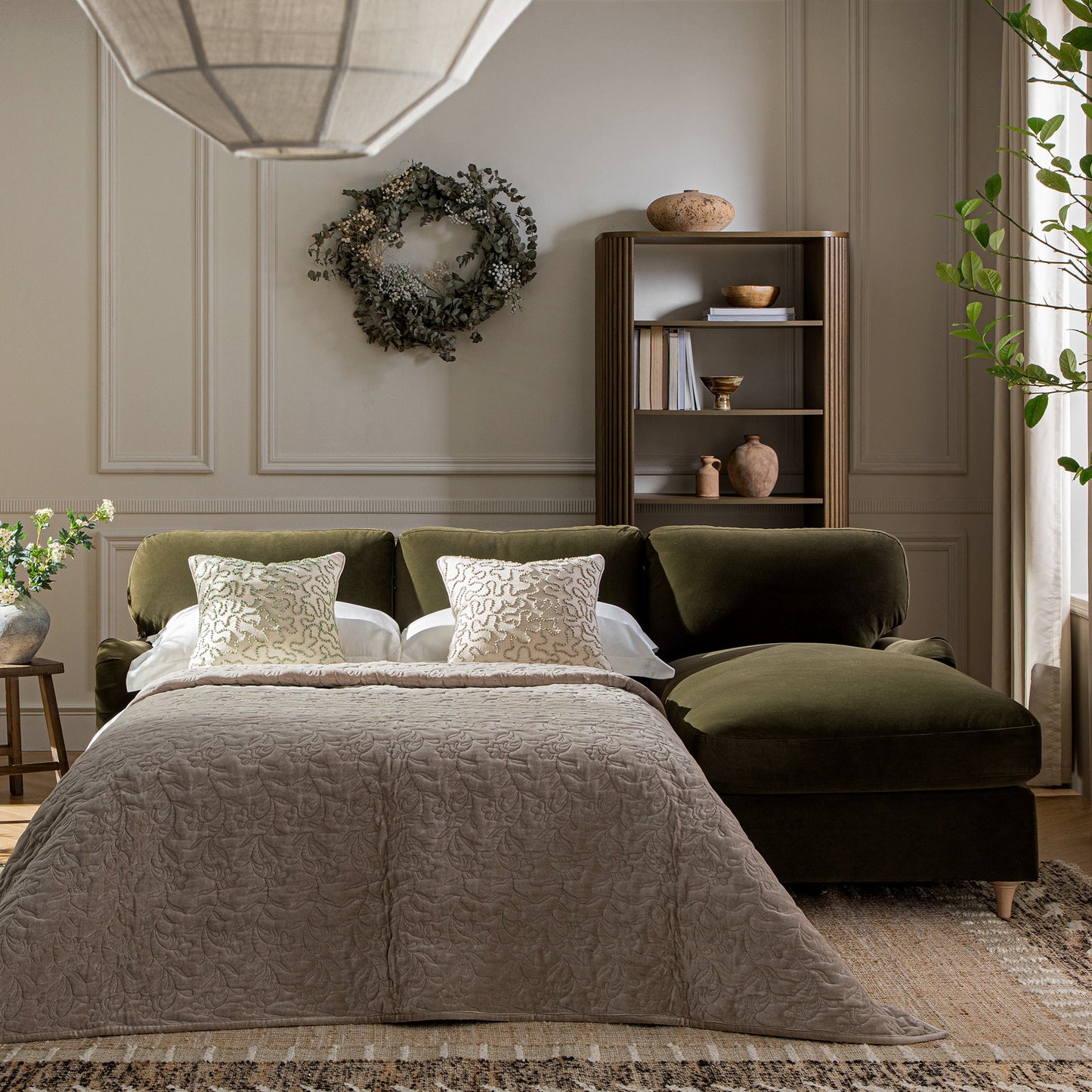 Daphnis Seaweed Velvet Sofa Bed, Grande Chaise Right Hand Facing