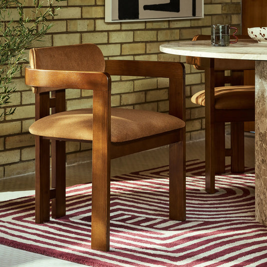 Hallie Wooden Carver Dining Chair | Caramel Brown Sustainable Mohair Velvet & Walnut