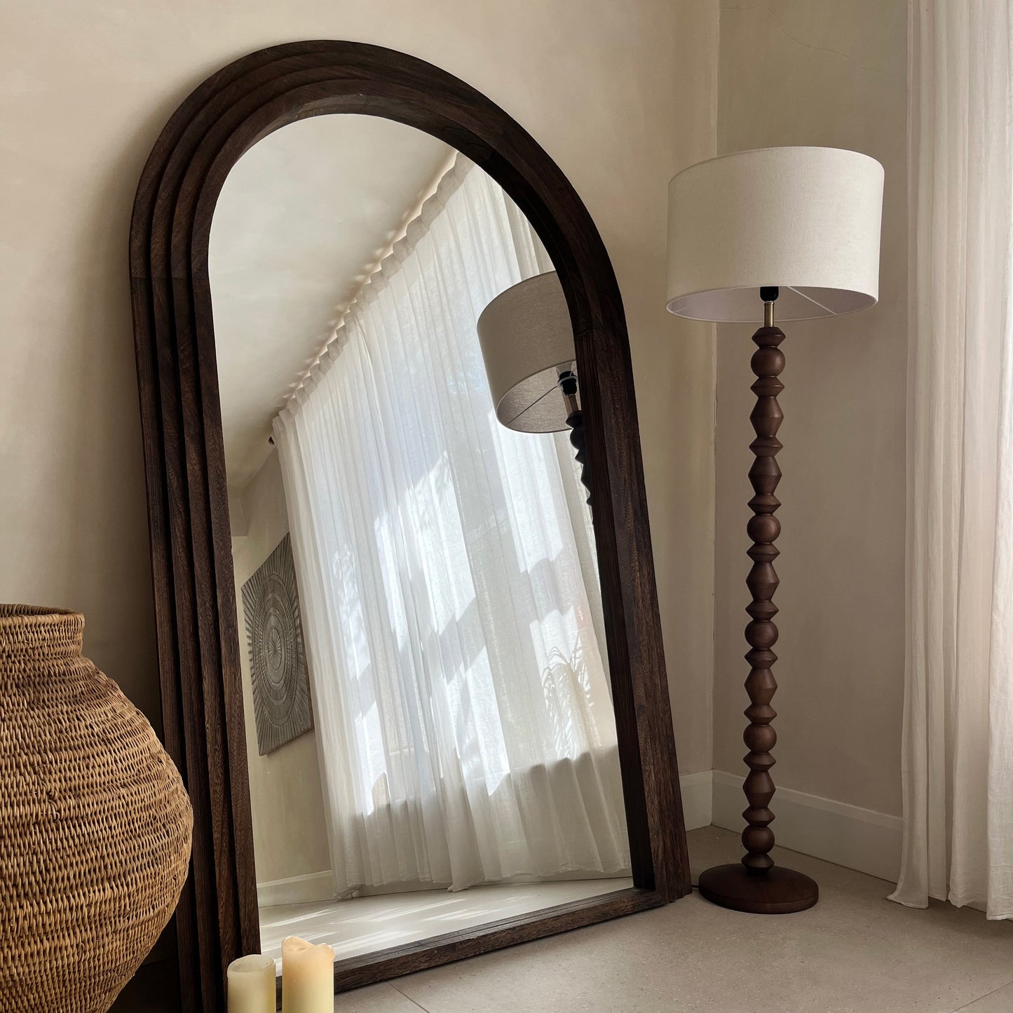 Ivy - Dark Wood Drum Shade Floor Lamp