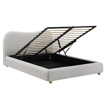 Egerie Curved Headboard Light Taupe Striped Fabric Ottoman Storage Bed