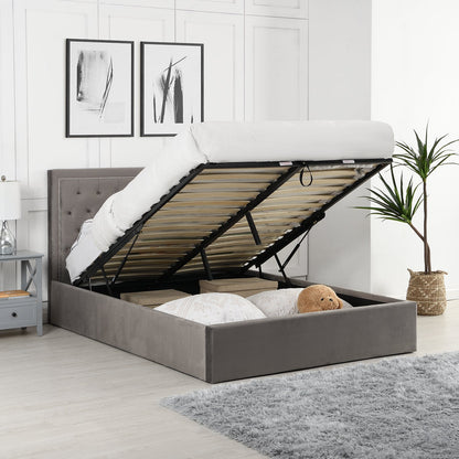 Hartwell Upholstered Ottoman Storage Bed with Deeply Buttoned Headboard (Grey Velvet)