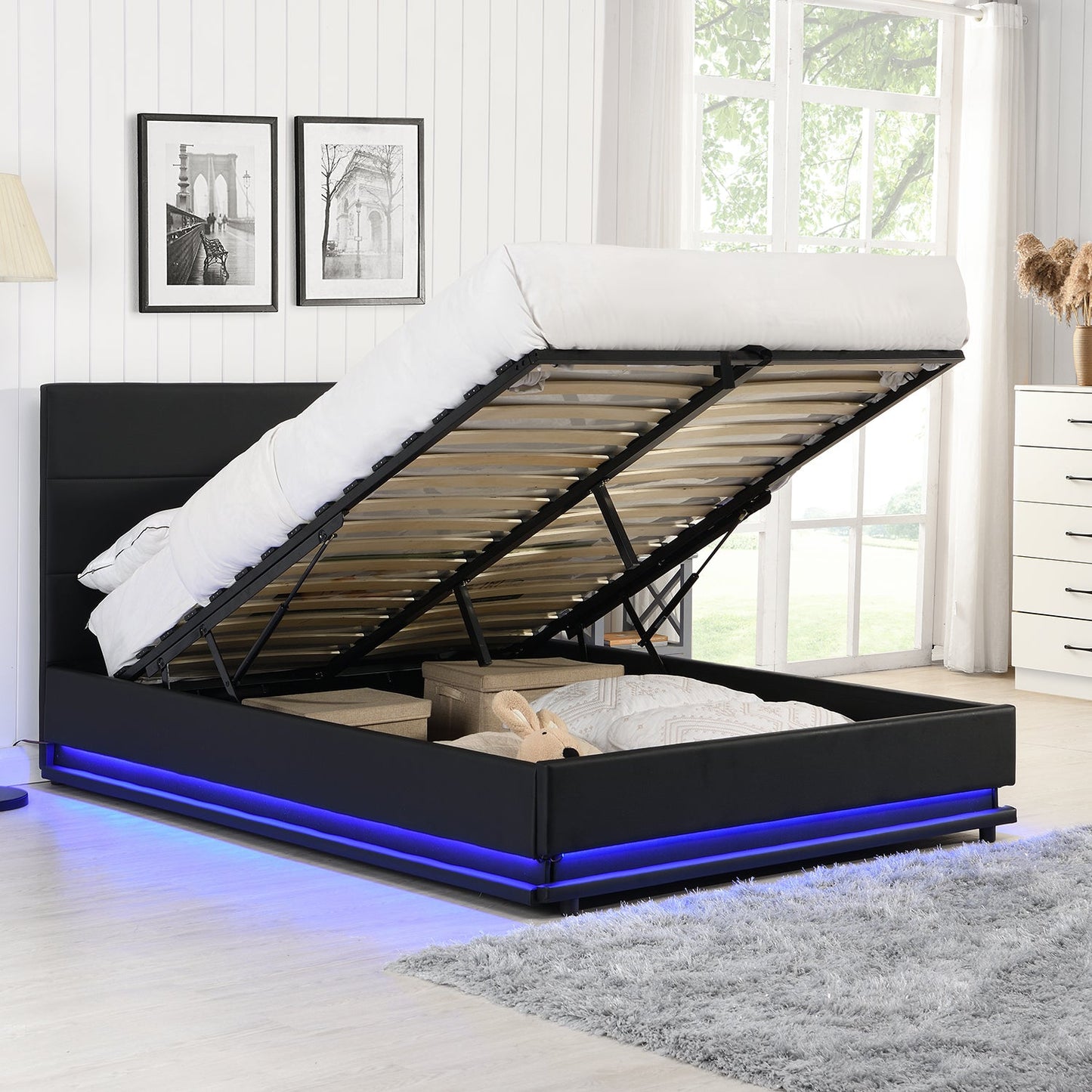 Buxton Faux Leather End Opening Ottoman Storage Bed Frame with Multi-colour LED Light Strip (Black PU)