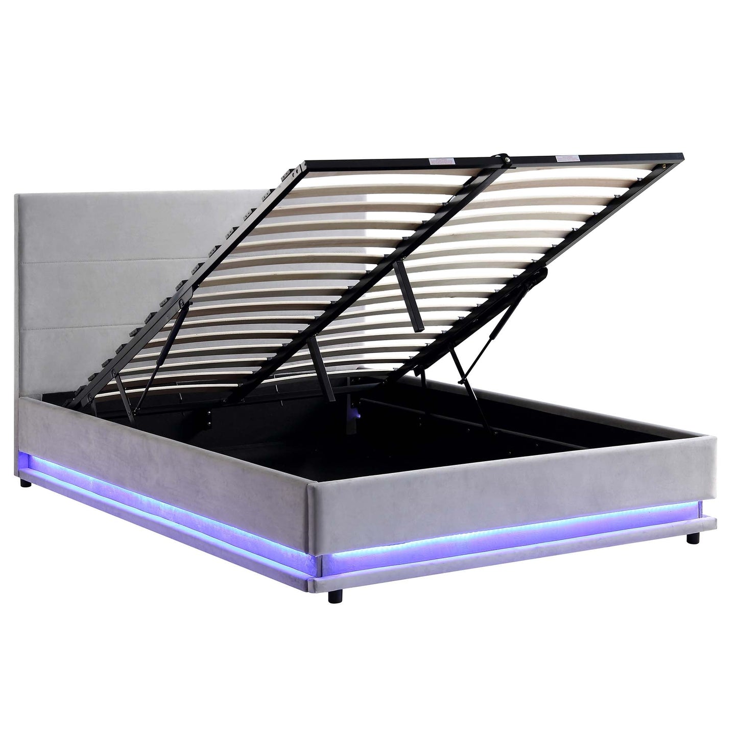 Buxton End Opening Ottoman Storage Bed Frame with Multi-colour LED Light Strip (Light Grey Velvet)