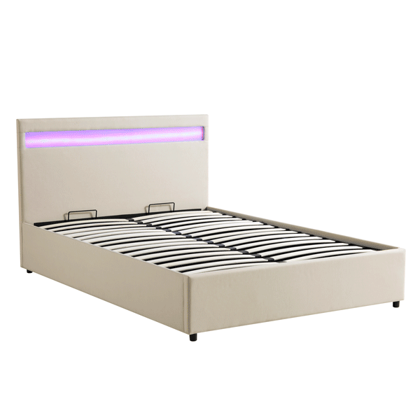 Pimlico End Opening Ottoman Storage Bed Frame with Multi-colour LED Headboard (Beige Fabric)