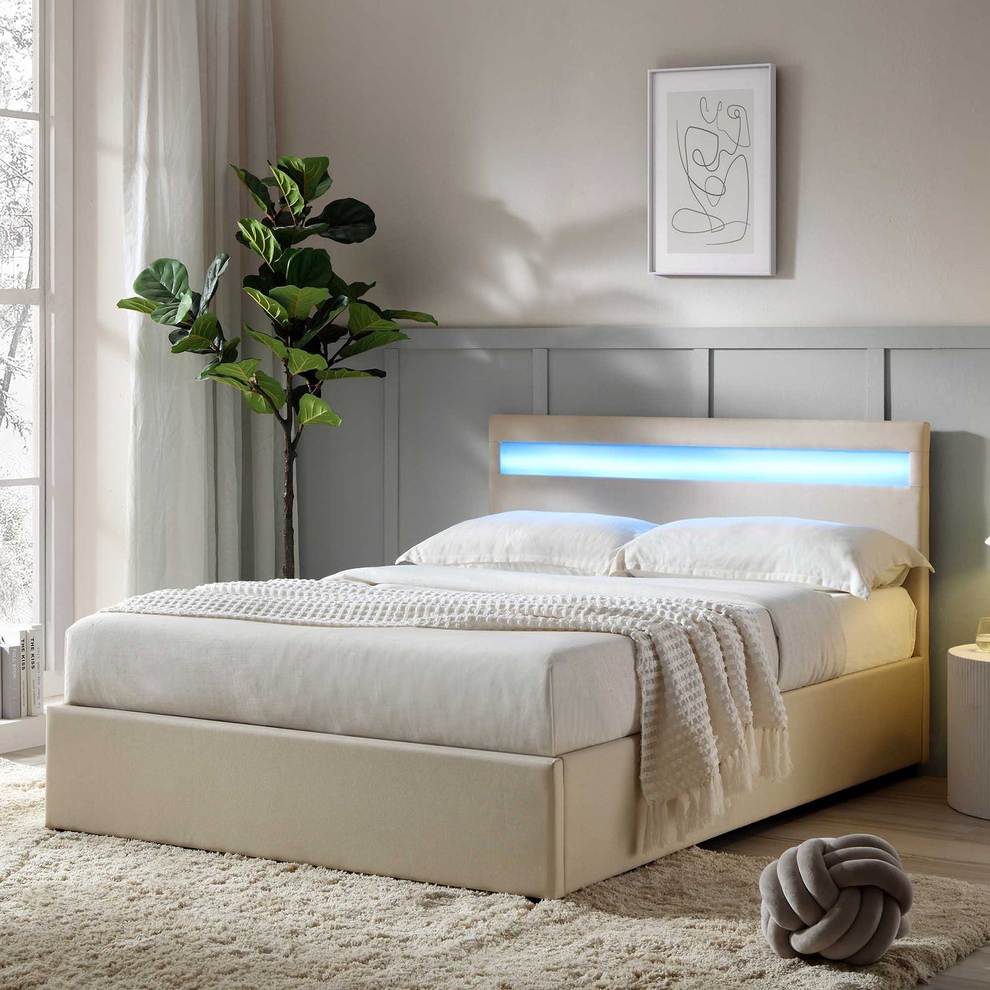 Pimlico End Opening Ottoman Storage Bed Frame with Multi-colour LED Headboard (Beige Fabric)