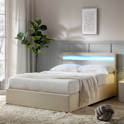 Pimlico End Opening Ottoman Storage Bed Frame with Multi-colour LED Headboard (Beige Fabric)