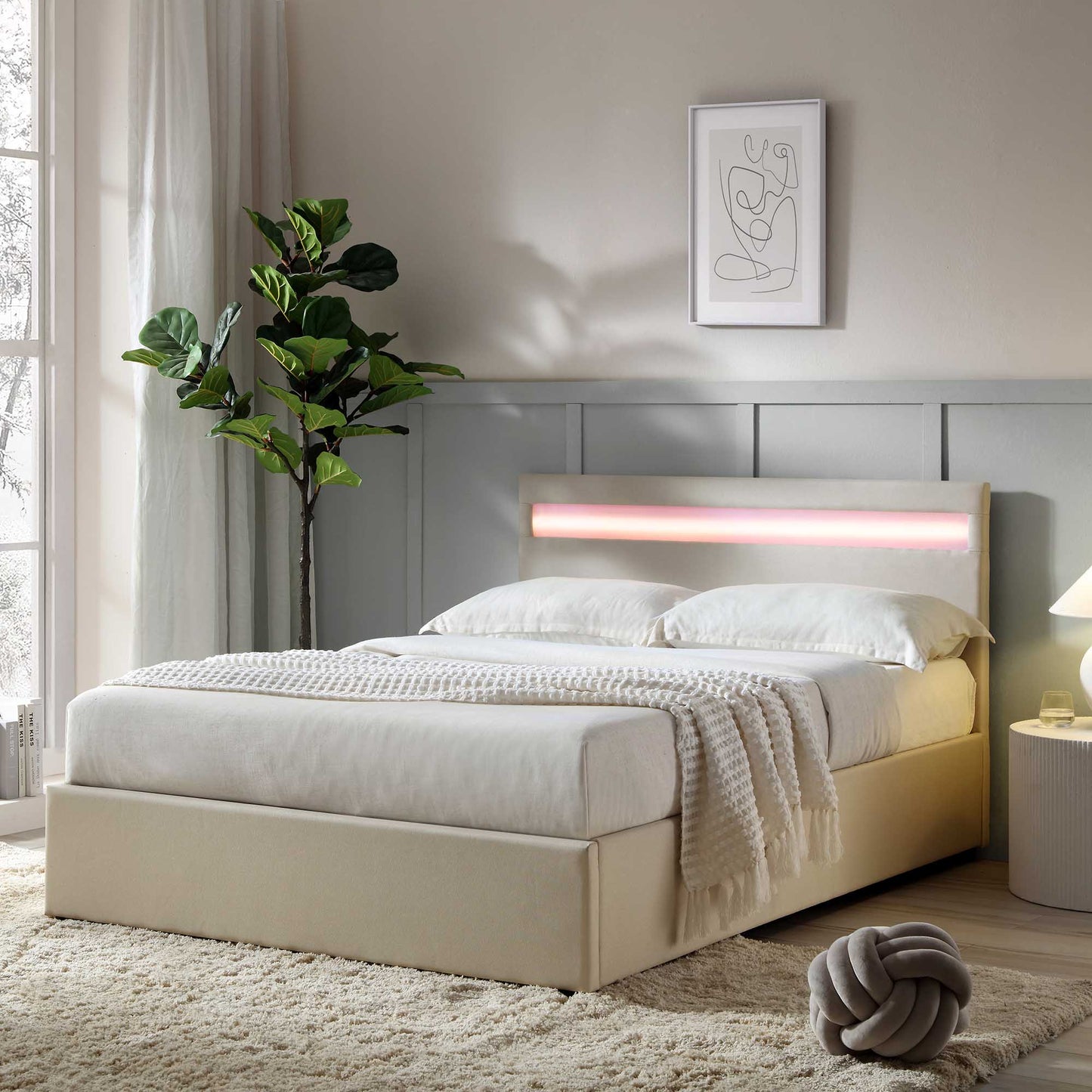 Pimlico End Opening Ottoman Storage Bed Frame with Multi-colour LED Headboard (Beige Fabric)