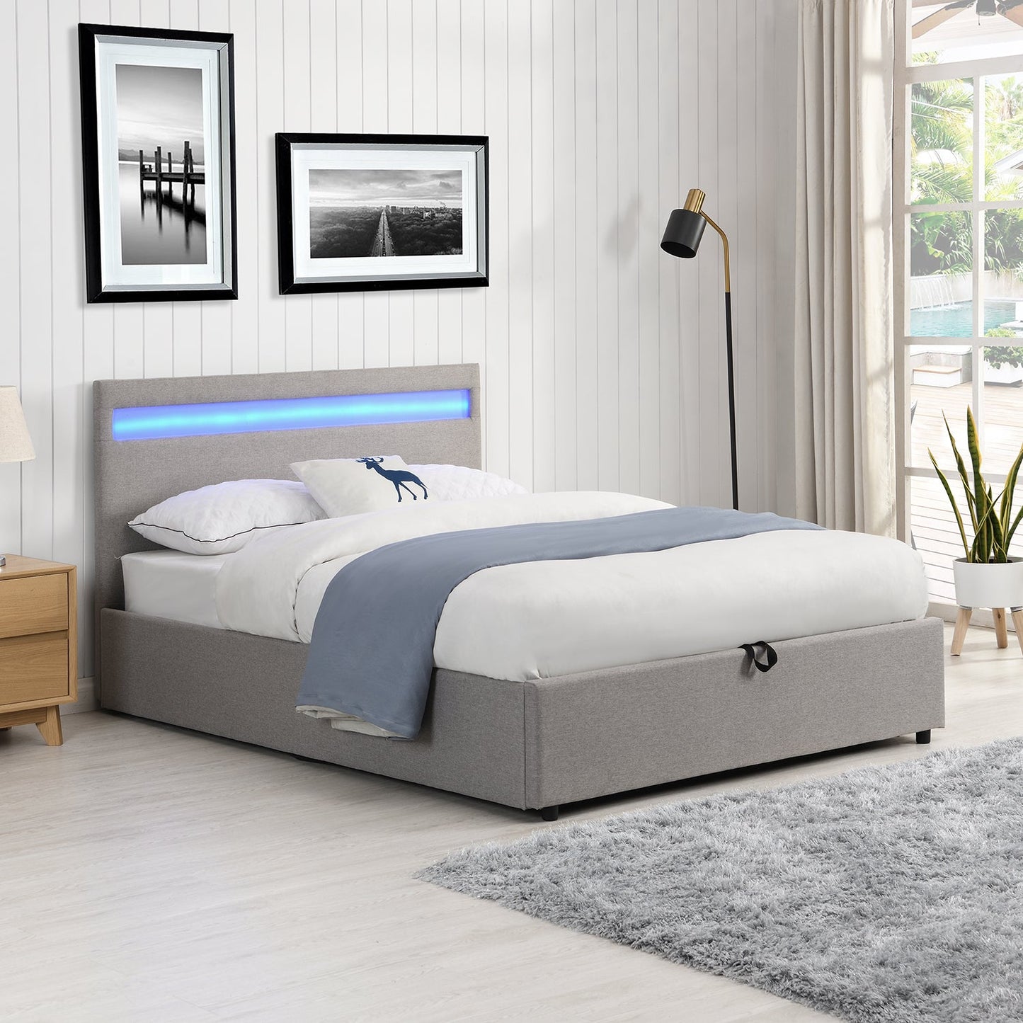 Pimlico End Opening Ottoman Storage Bed Frame with Multi-colour LED Headboard (Grey Fabric)