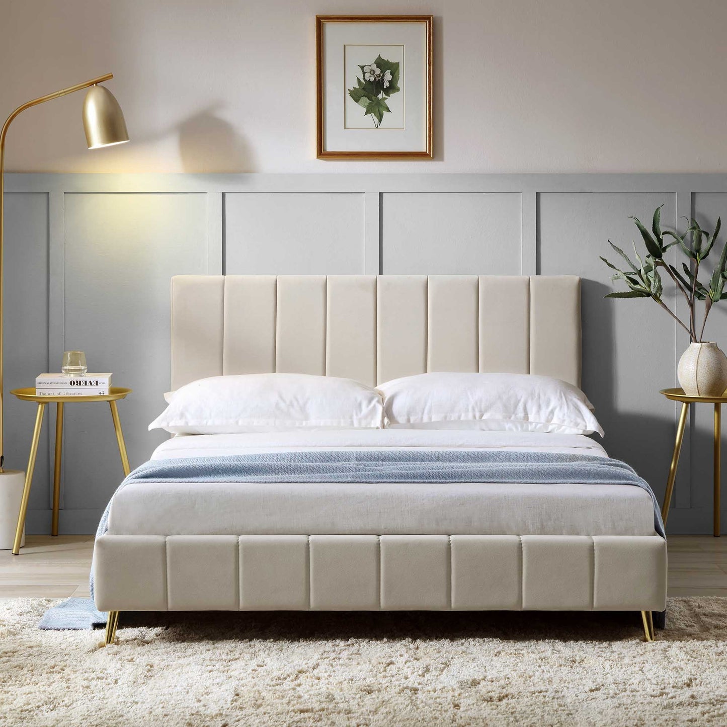 Sylvie Velvet Upholstered Bed Frame with Golden Chrome Legs, Champagne Velvet