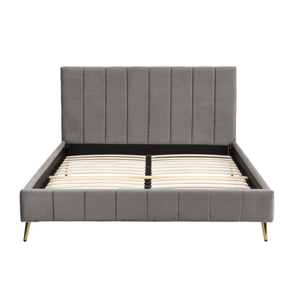 Sylvie Velvet Upholstered Bed Frame with Golden Chrome Legs (Grey)