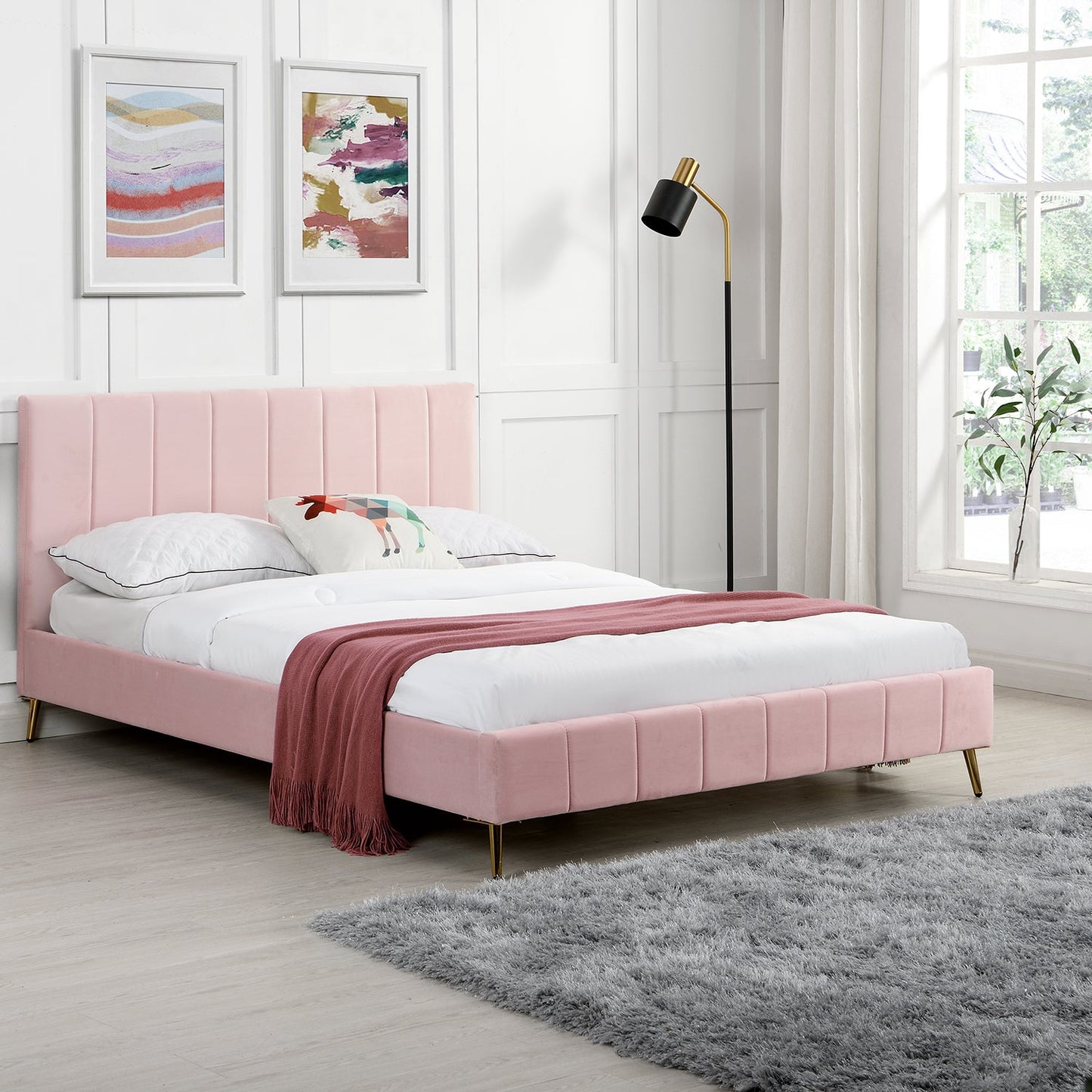 Sylvie Velvet Upholstered Bed Frame with Golden Chrome Legs, Pink Velvet
