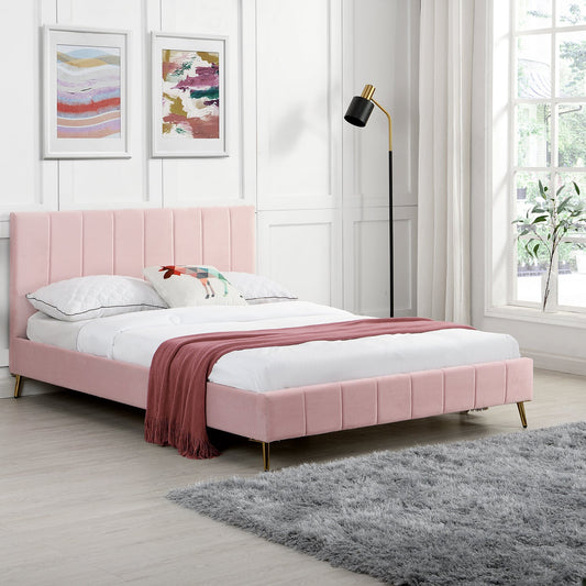 Sylvie Velvet Upholstered Bed Frame with Golden Chrome Legs, Pink Velvet