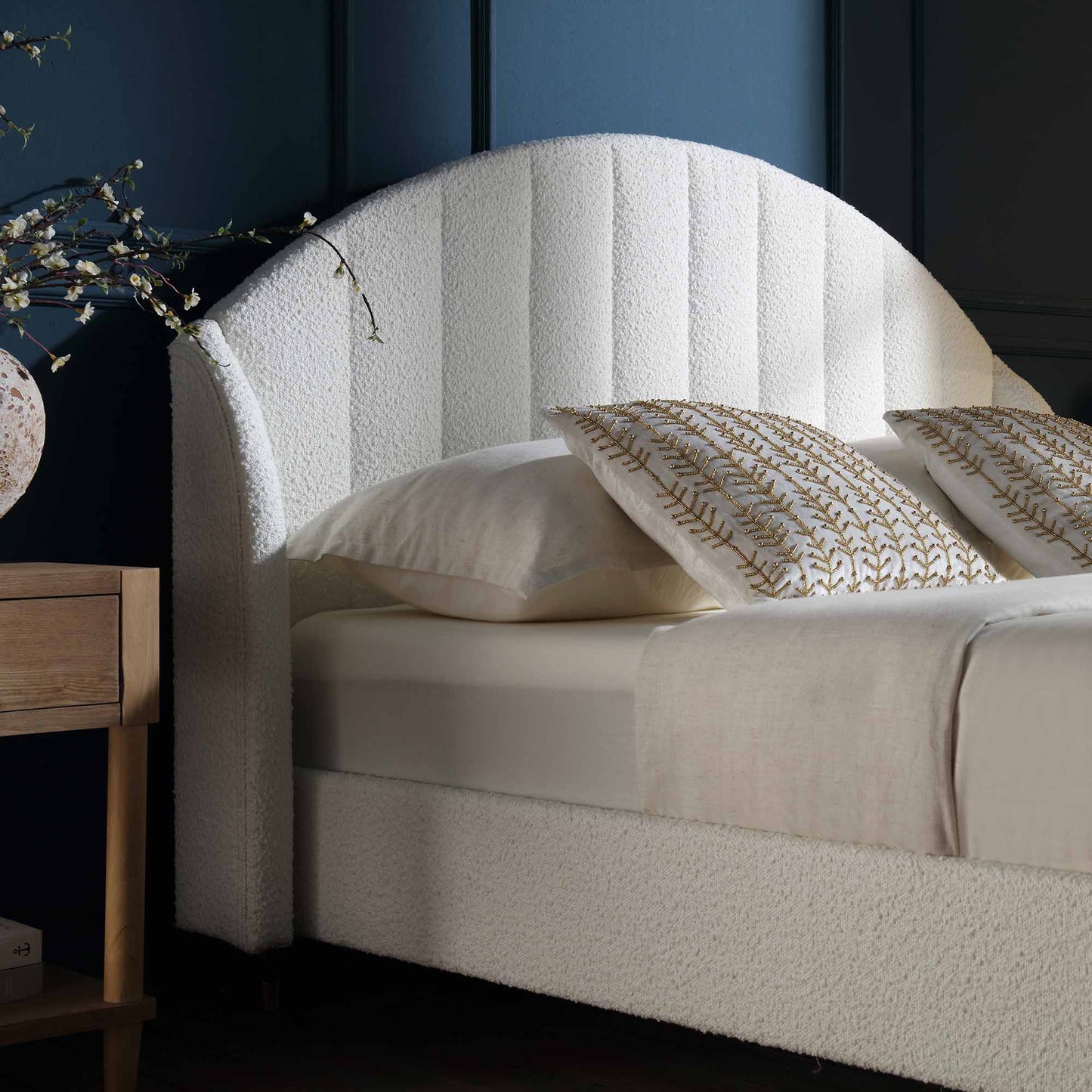 Eleanor White Boucle Upholstered Bed Frame with Domed Headboard