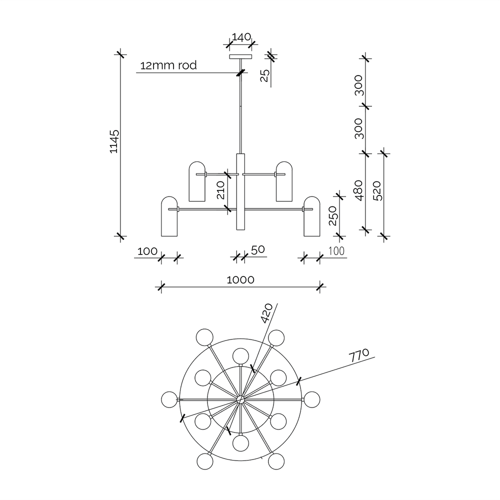Pawson Chandelier - Brass & White Glass