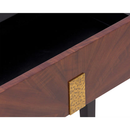 Beverly 1 Drawer Bedside Table - Brown Wood & Hammered Brass