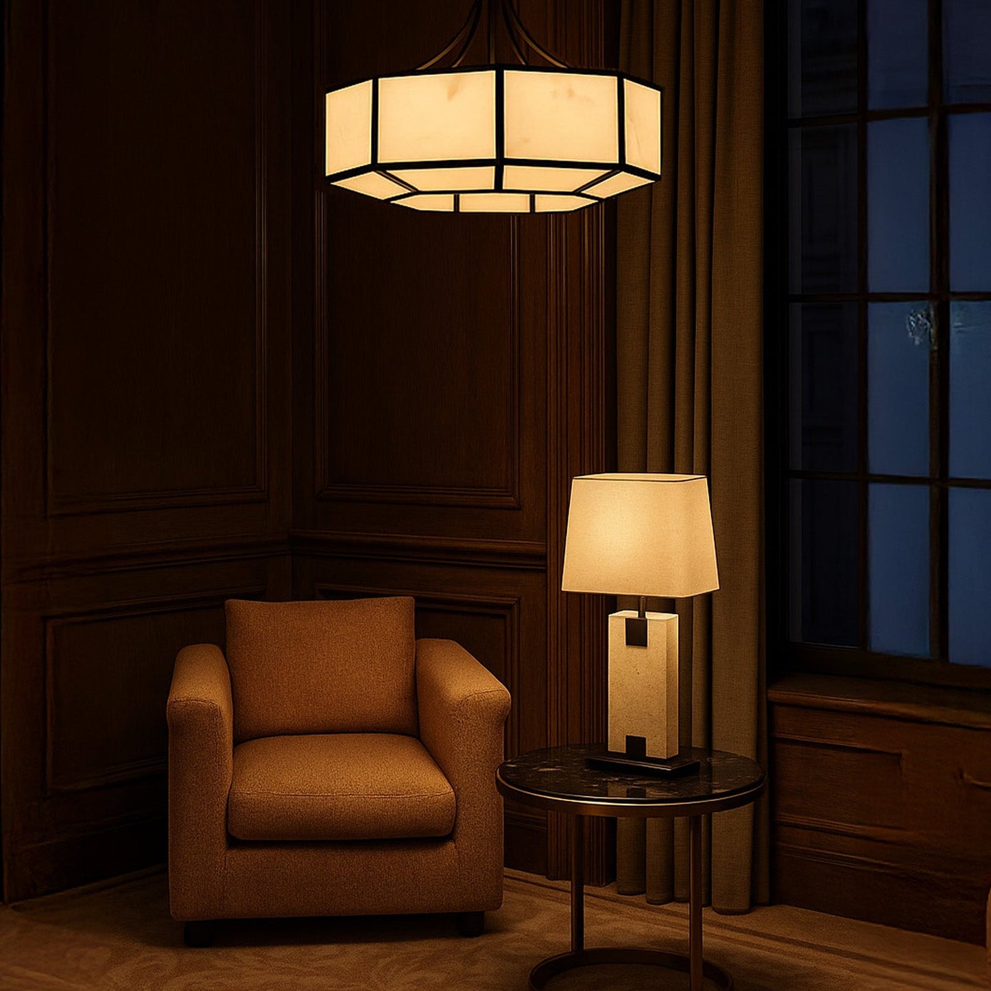 Allen Pendant Lamp - Black Metal & Alabaster Effect