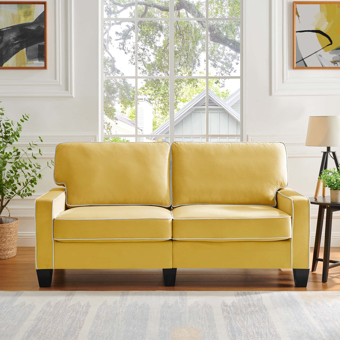 Sherbrook Large 2-Seater Mustard Yellow Velvet Sofa with Contrasting Piping