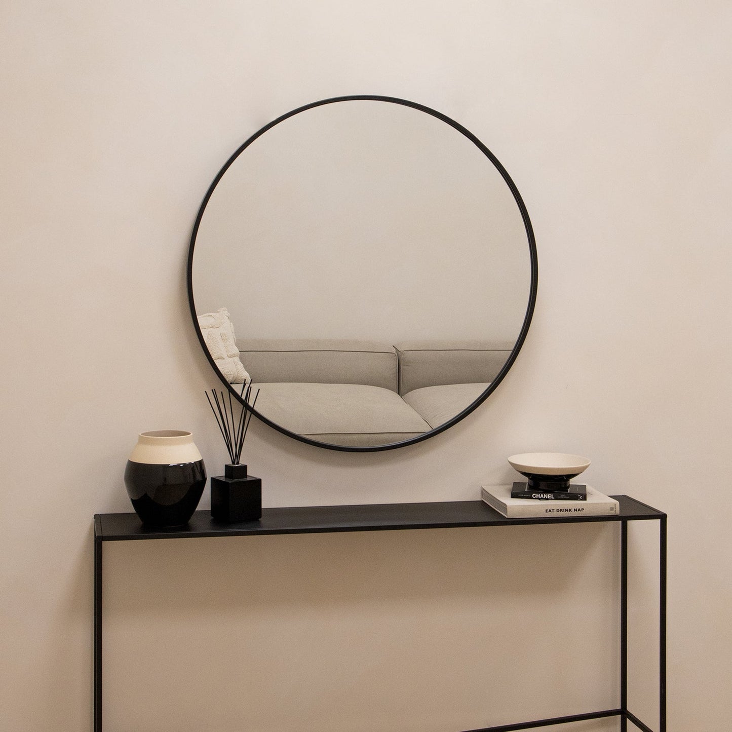 Metro - Large Black Metal Round Wall Mirror 90cm x 90cm