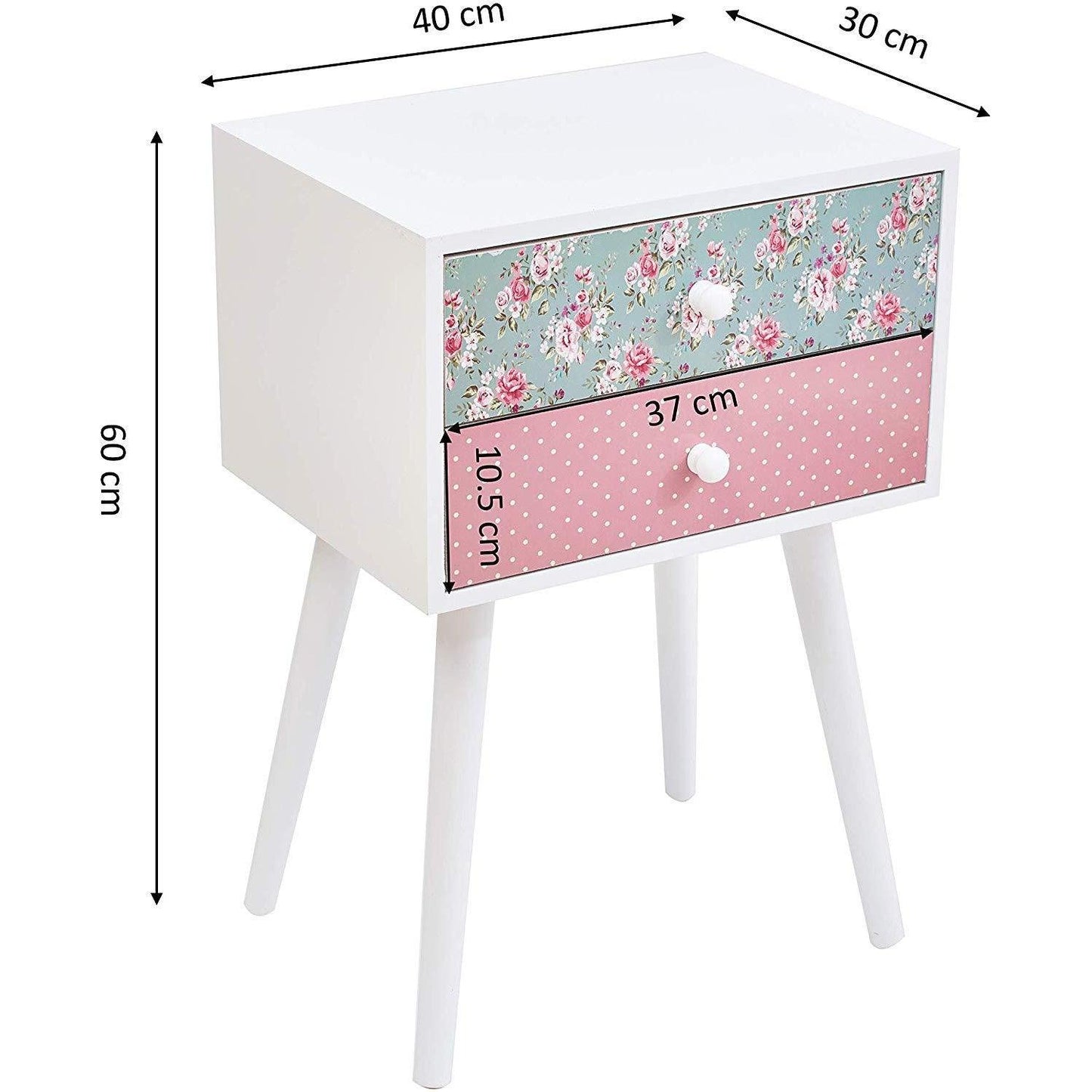 Cherry Tree Furniture CANTERBURY Wooden 2-Drawer Bedside Table Nightstand, Rose & Polka Dot Pattern