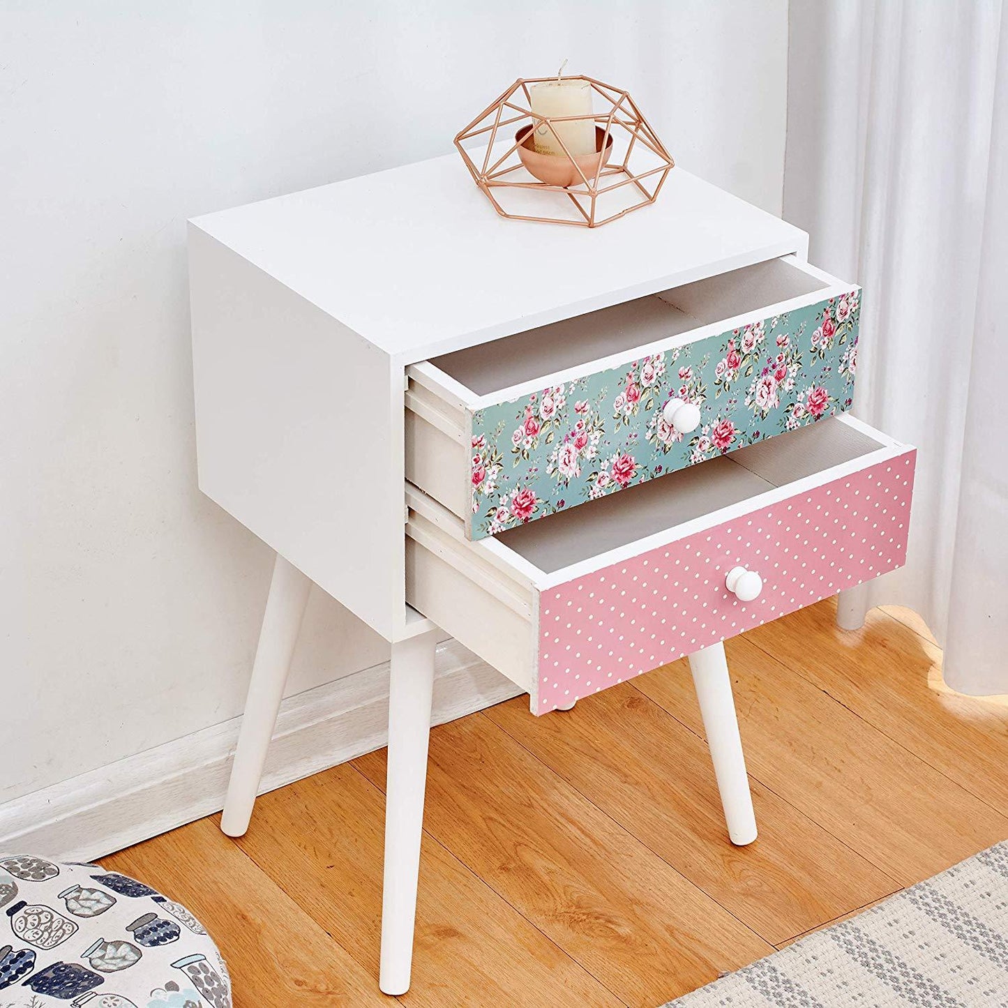 Cherry Tree Furniture CANTERBURY Wooden 2-Drawer Bedside Table Nightstand, Rose & Polka Dot Pattern