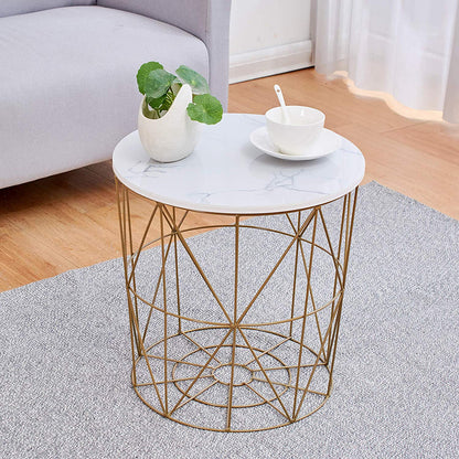 Koram Marble Effect Top Basket Side Table Golden Geometric Wire Frame End Table