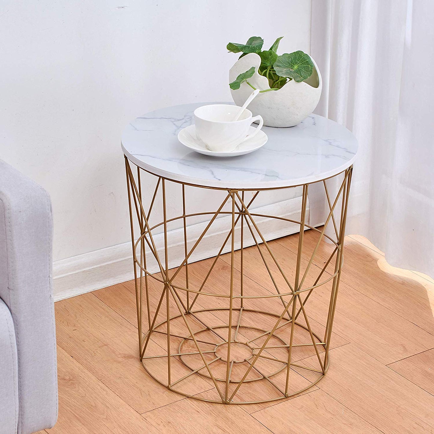 Koram Marble Effect Top Basket Side Table Golden Geometric Wire Frame End Table