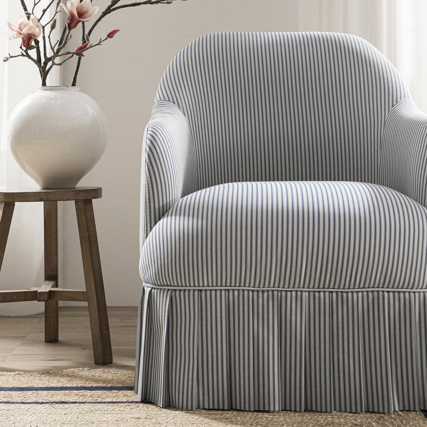Calliope Skirted Armchair, Blue Striped