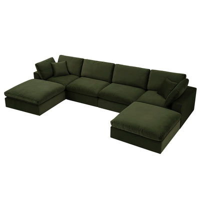 Lutyens Moss Green Velvet Modular Sofa, 6-Piece U-Shape Set