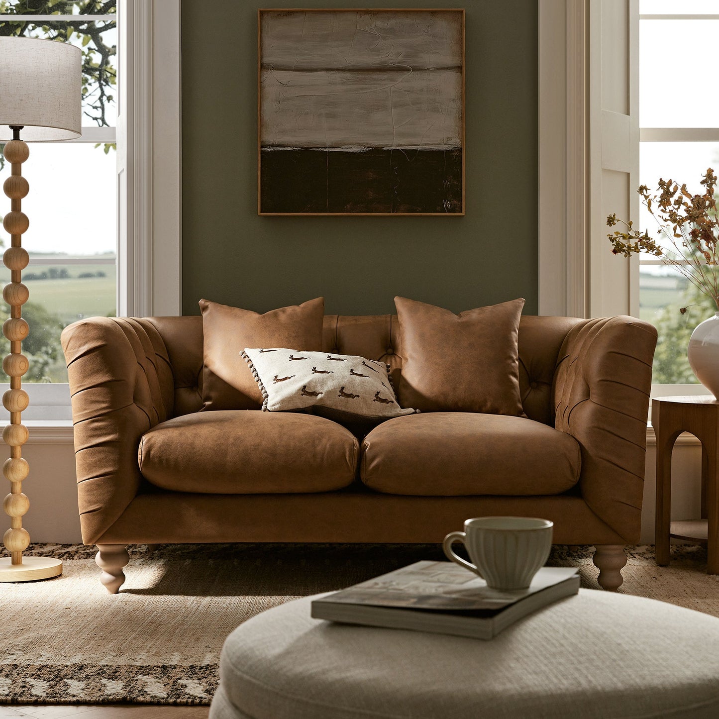 Ashby Chesterfield 2-Seater Sofa, Tan Faux Leather