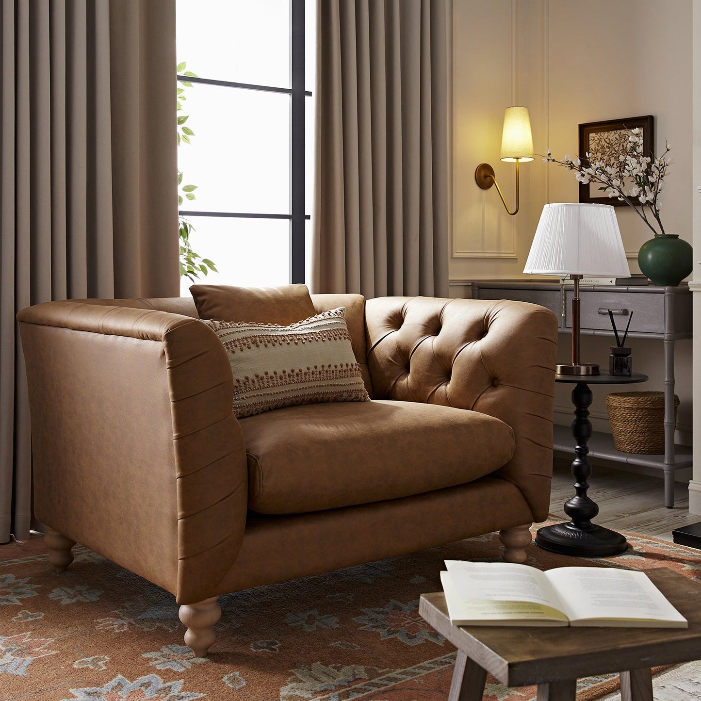 Ashby Chesterfield Loveseat, Tan Faux Leather