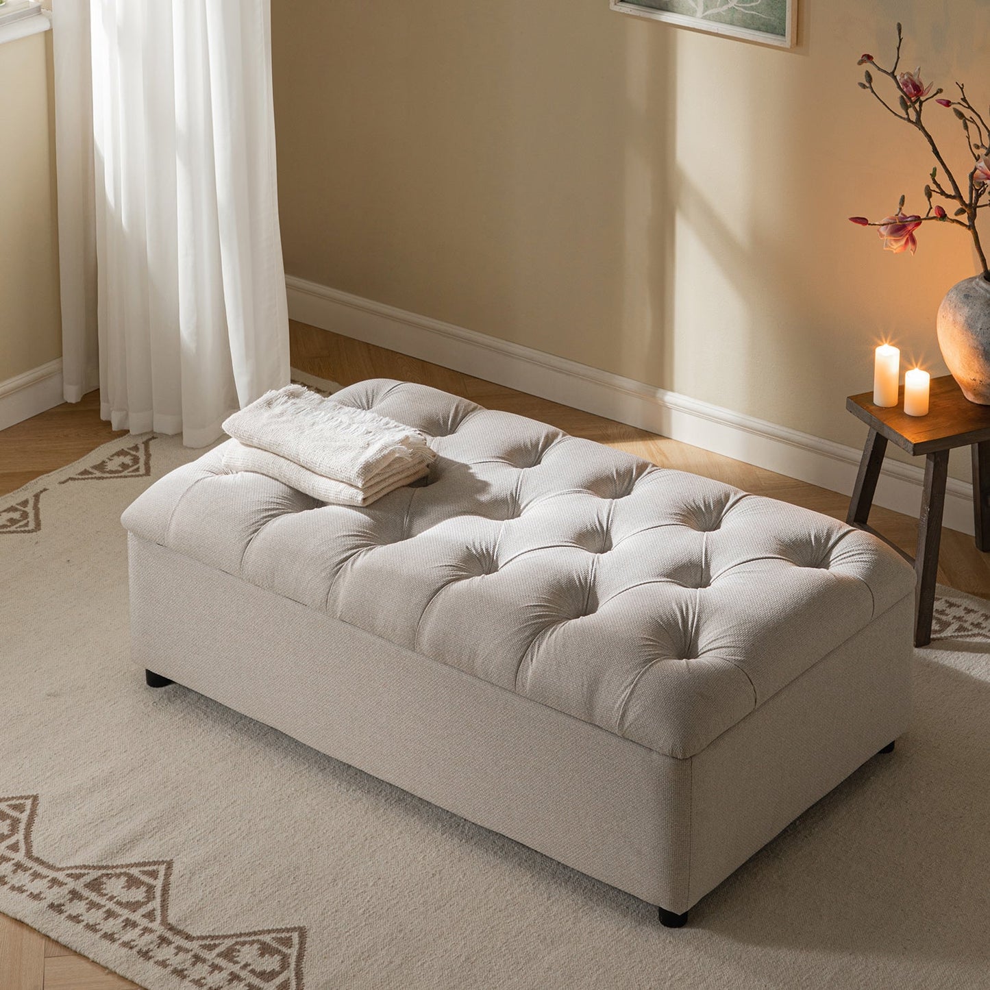Portland Small Double Buttoned Fold-Out Bed in Ottoman, Beige Woven Fabric