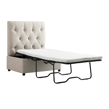 Portland Single Buttoned Fold-Out Bed in Ottoman, Beige Woven Fabric