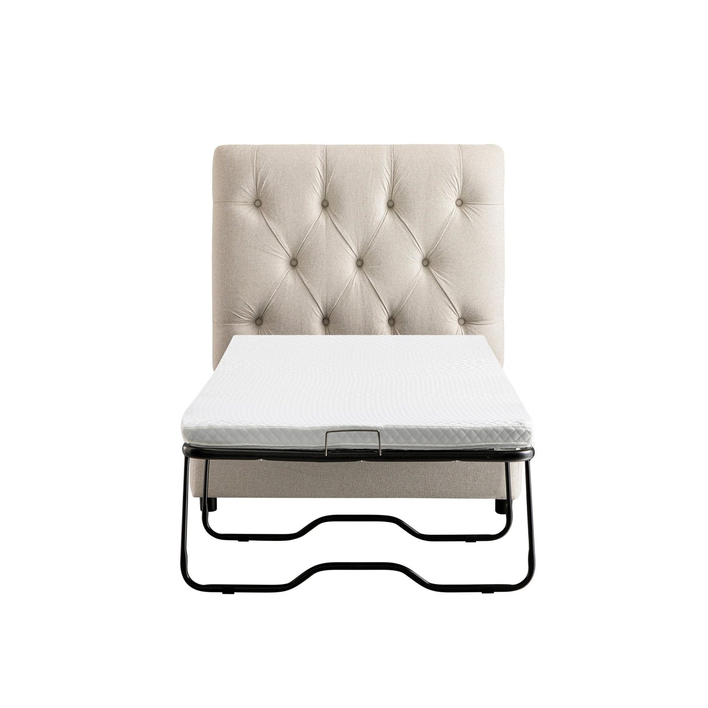 Portland Single Buttoned Fold-Out Bed in Ottoman, Beige Woven Fabric