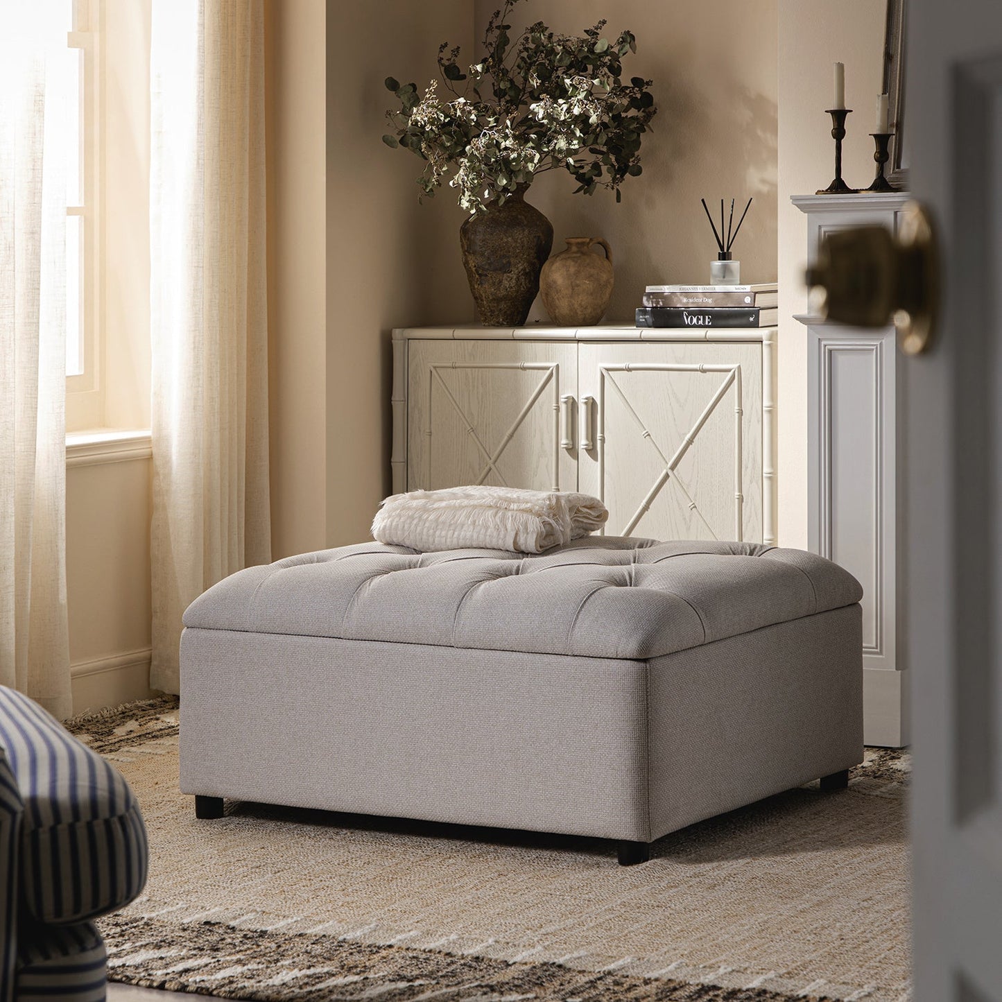 Portland Single Buttoned Fold-Out Bed in Ottoman, Beige Woven Fabric