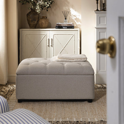Portland Single Buttoned Fold-Out Bed in Ottoman, Beige Woven Fabric