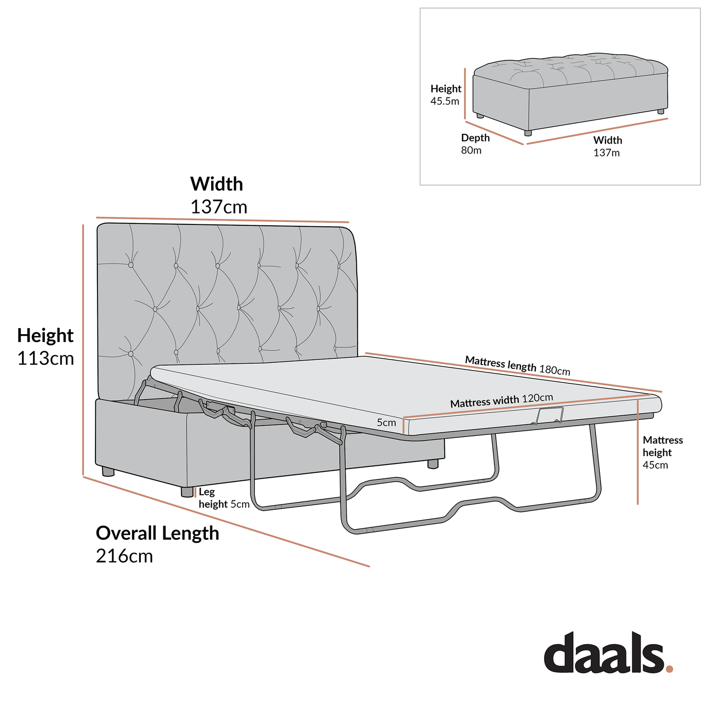 Portland Small Double Buttoned Fold-Out Bed in Ottoman, Mink Velvet