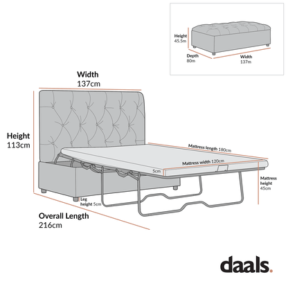 Portland Small Double Buttoned Fold-Out Bed in Ottoman, Beige Woven Fabric