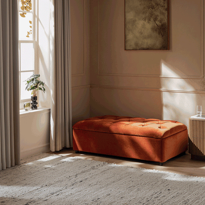 Portland Small Double Buttoned Fold-Out Bed in Ottoman, Rust Velvet