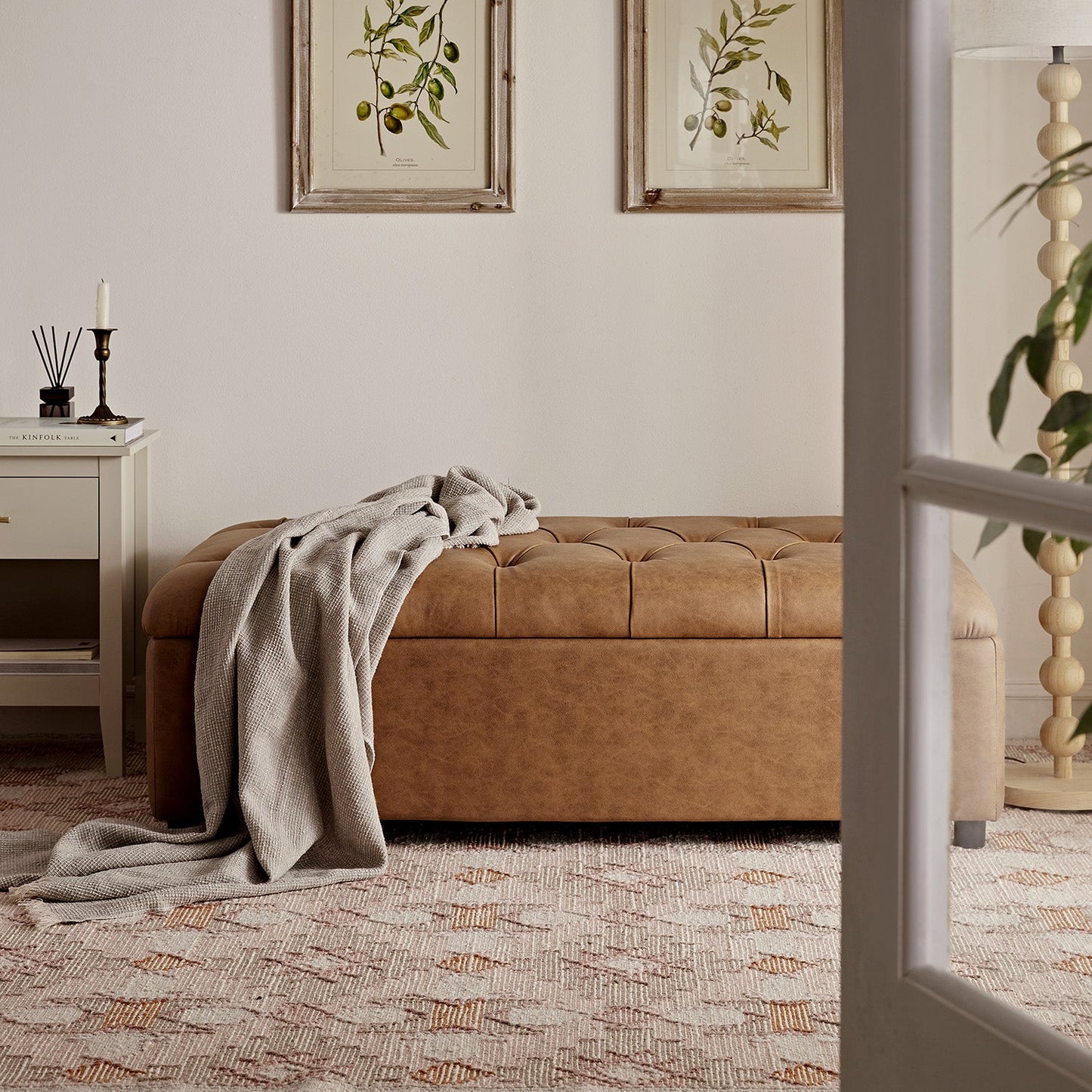 Portland Small Double Buttoned Fold-Out Bed in Ottoman, Tan Faux Suede