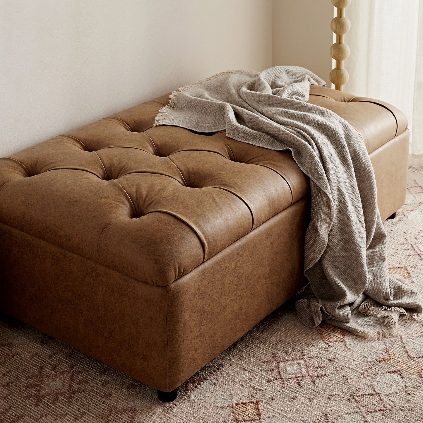 Portland Small Double Buttoned Fold-Out Bed in Ottoman, Tan Faux Suede
