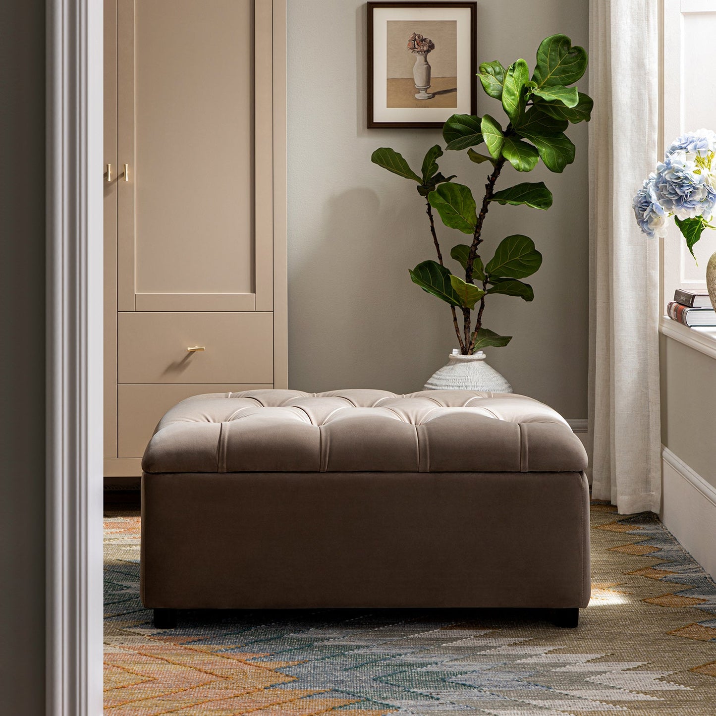 Portland Single Buttoned Fold-Out Bed in Ottoman, Mink Velvet