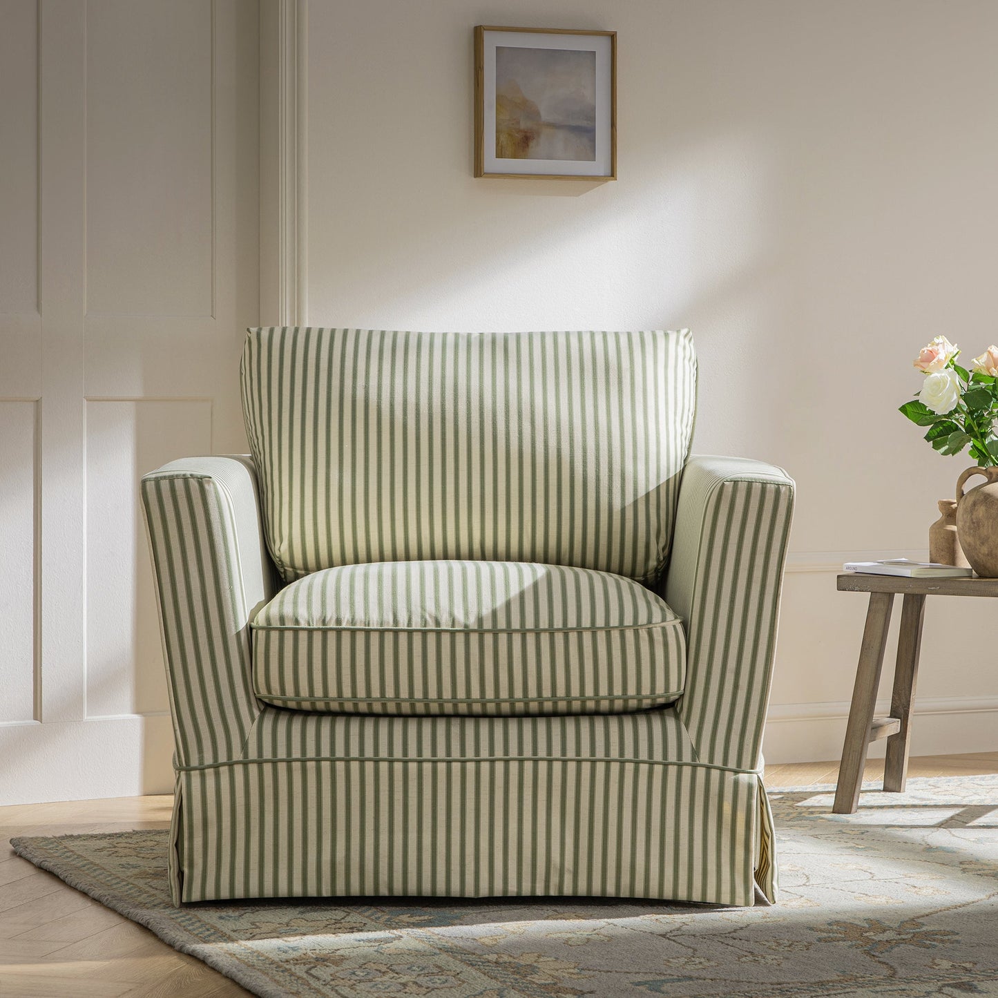 Fitz Skirted Armchair, Sage Striped Linen Blend