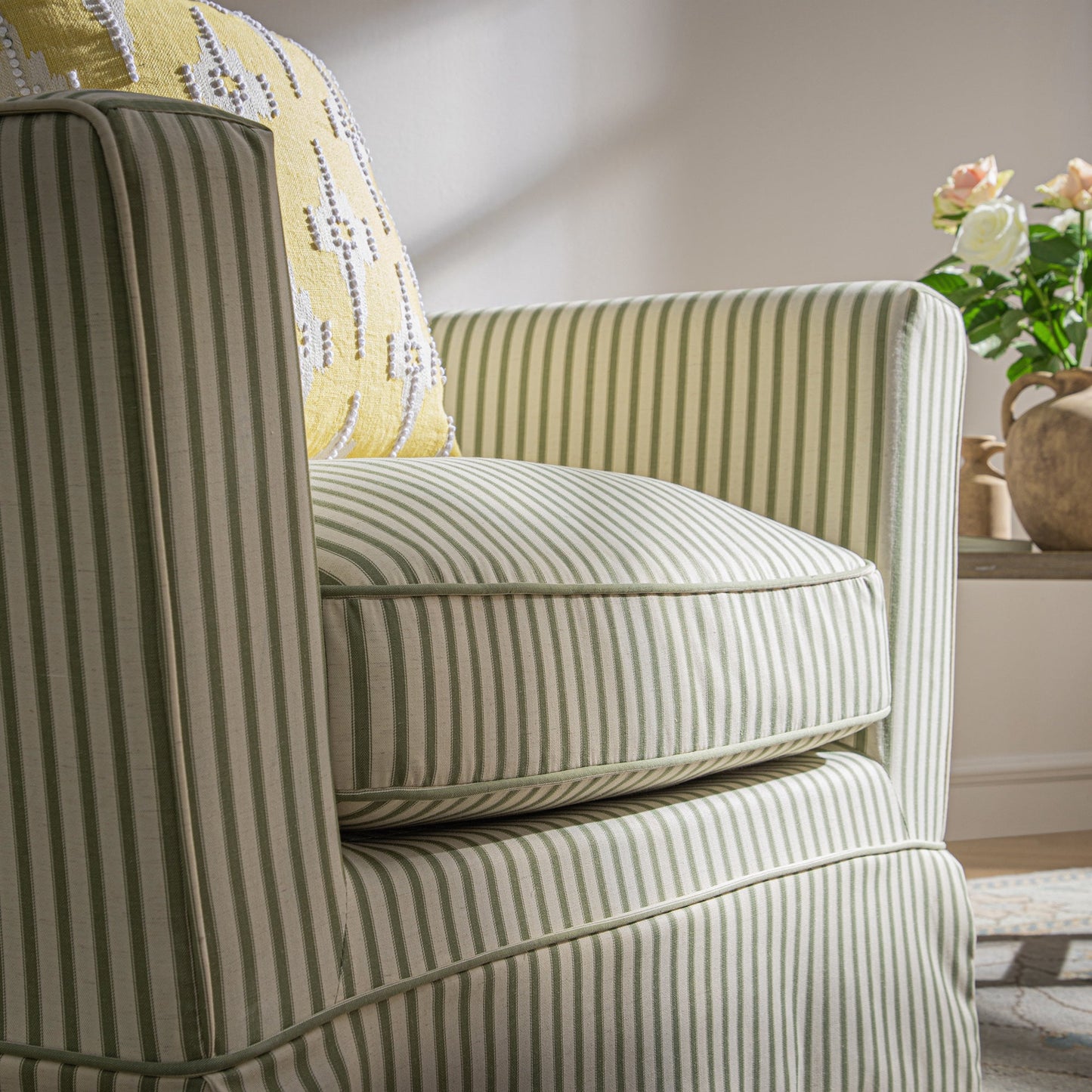 Fitz Skirted Armchair, Sage Striped Linen Blend