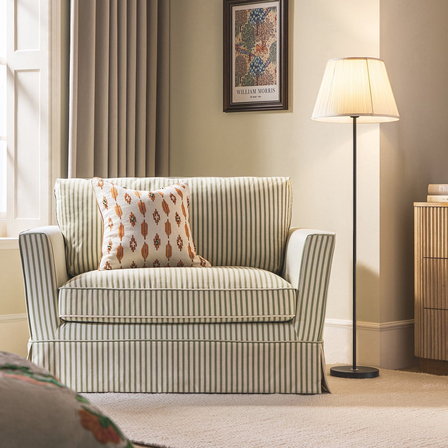 Fitz Skirted Loveseat, Sage Striped Linen Blend