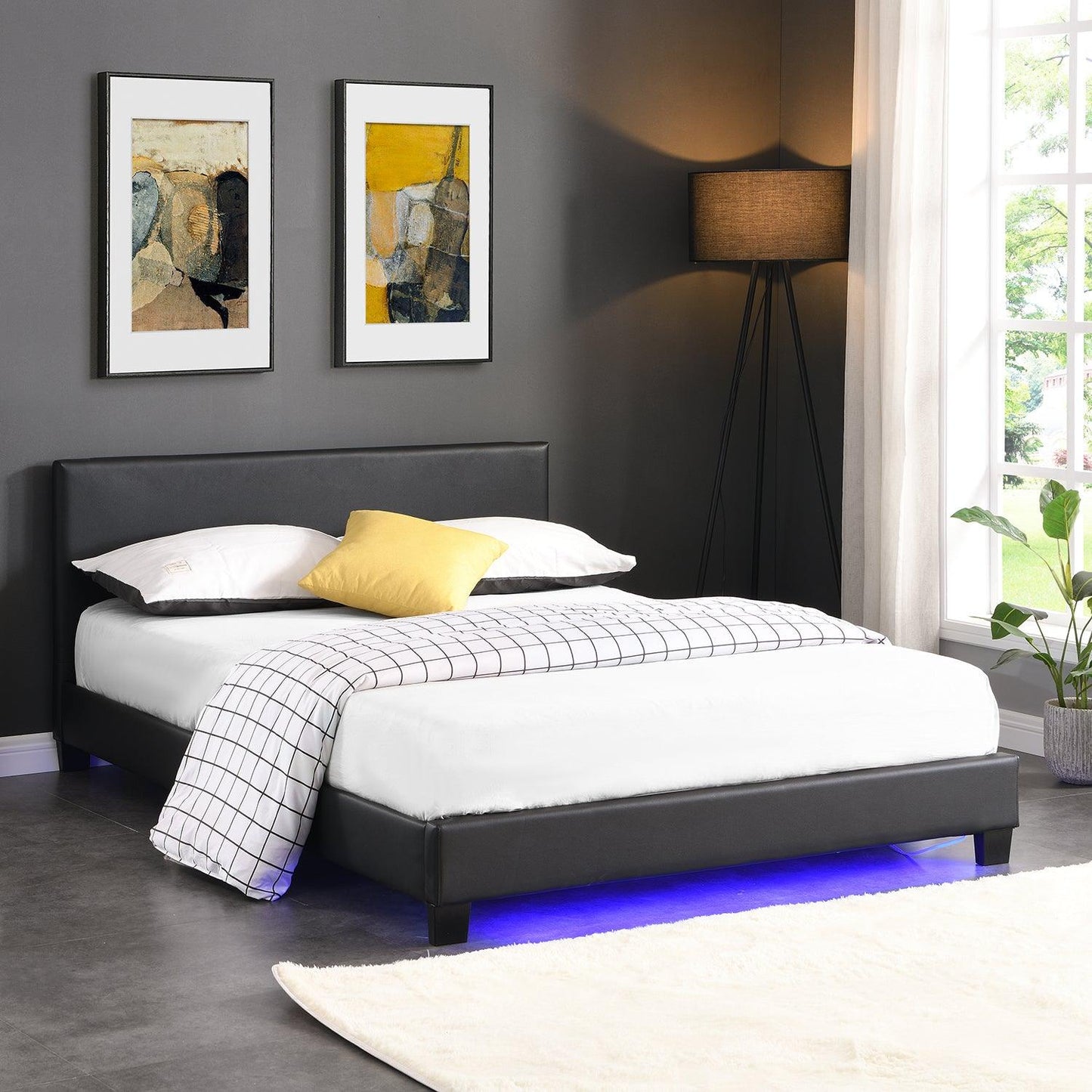 URSA Black PU Leather Bed Frame with LED on Footend