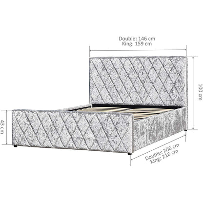 Hayden Crushed Velvet Side Lift Storage Ottoman Upholstered Bed Frame Silver